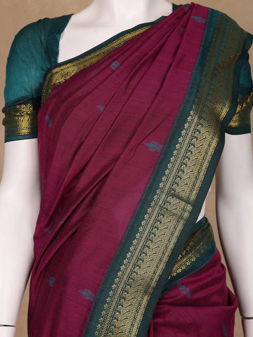 Dark Red Floral Butta Motif Cotton Saree - Diadem