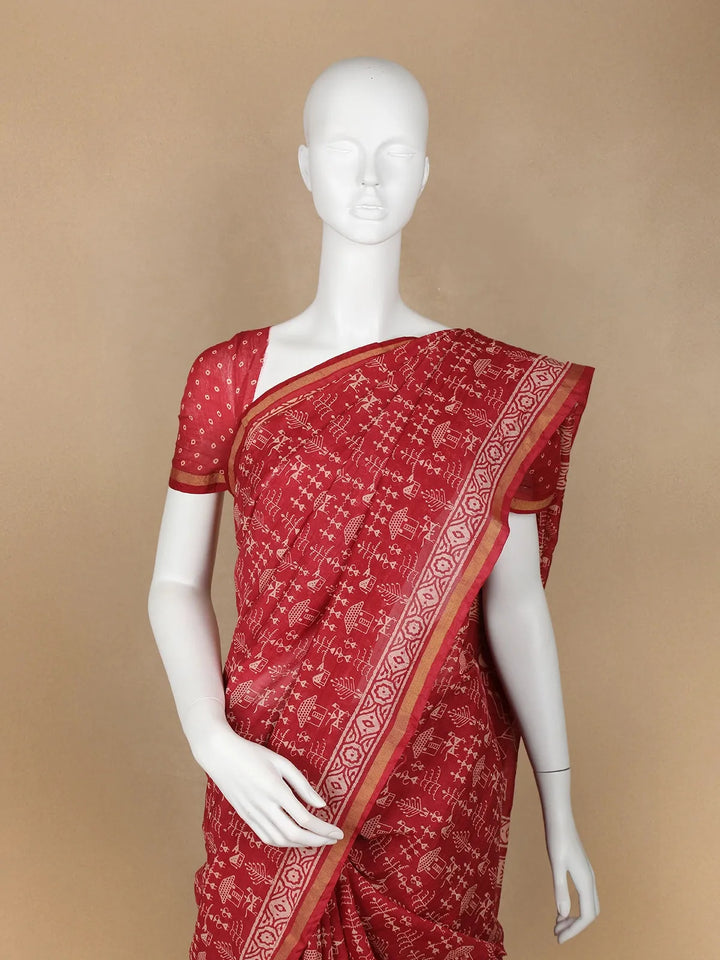 Red Warli Designed Cotton Saree - Diadem