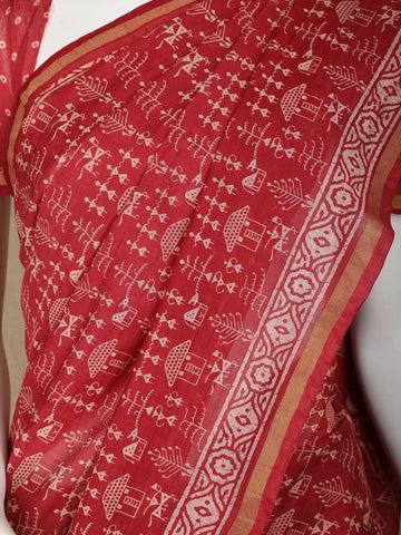 Red Warli Designed Cotton Saree - Diadem