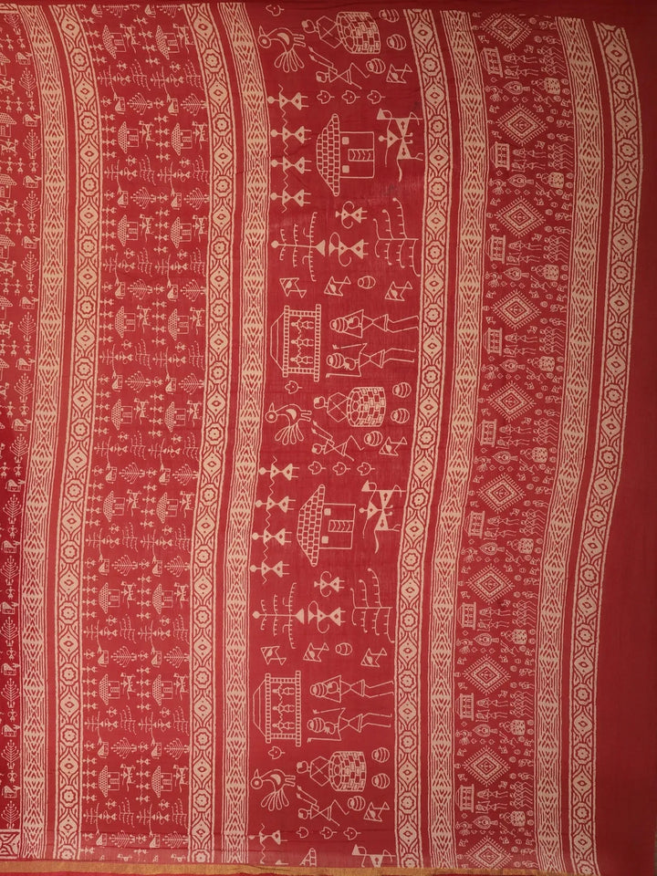 Red Warli Designed Cotton Saree - Diadem