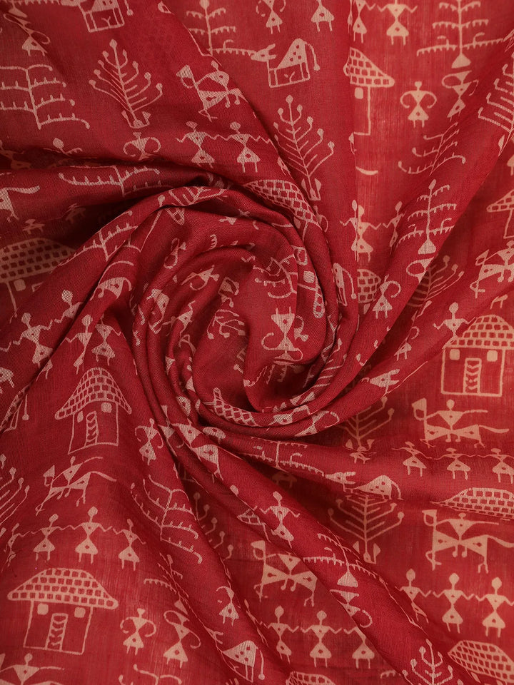 Red Warli Designed Cotton Saree - Diadem