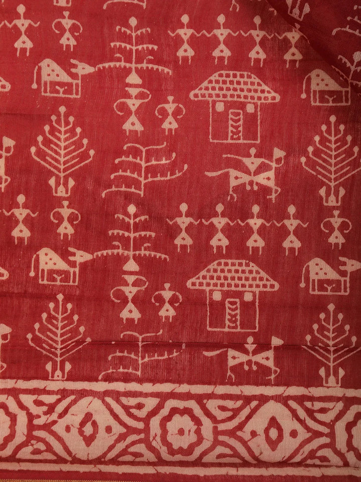 Red Warli Designed Cotton Saree - Diadem