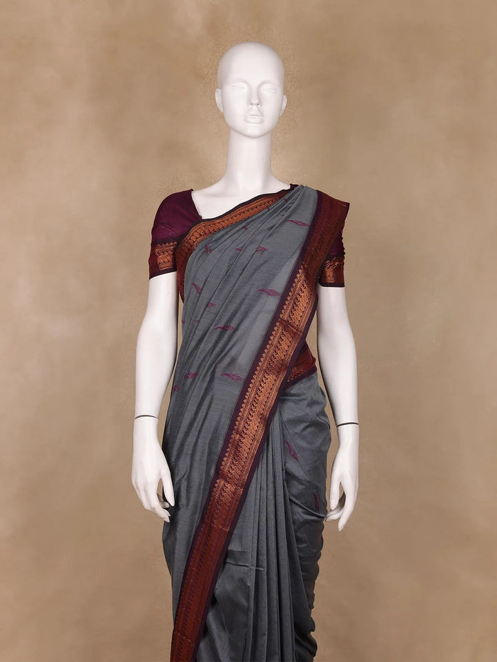 Dark Grey Floral Butta Motif Cotton Saree - Diadem