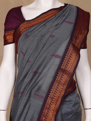 Dark Grey Floral Butta Motif Cotton Saree - Diadem