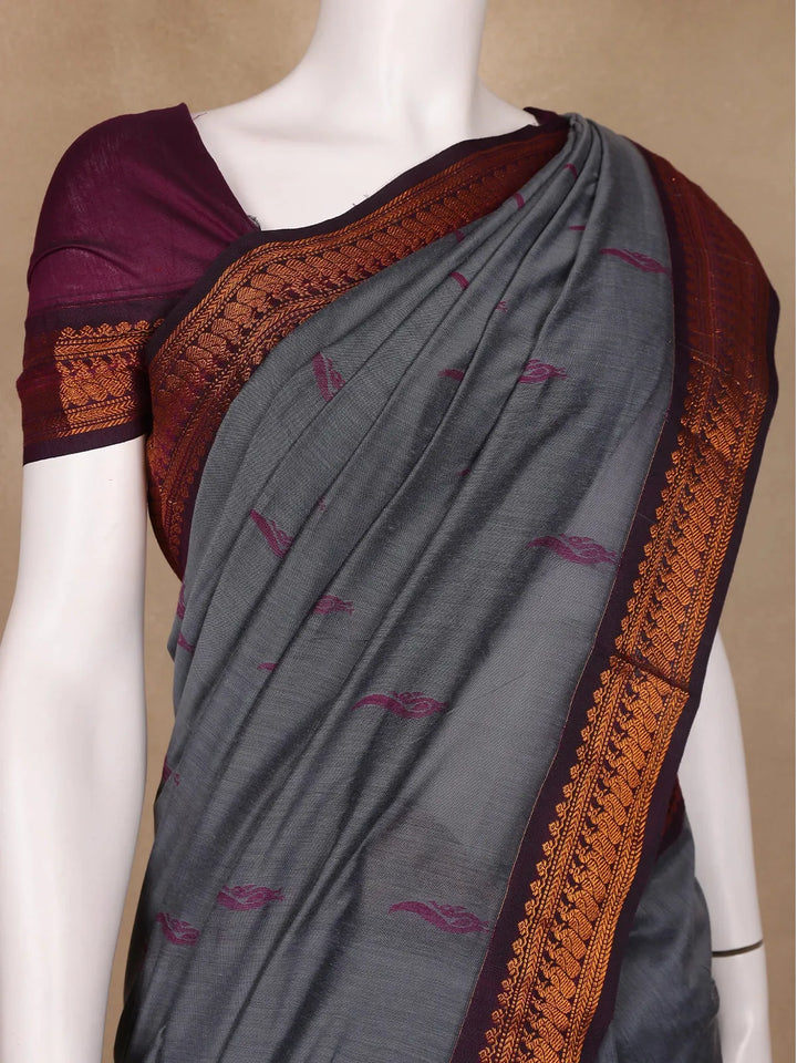 Dark Grey Floral Butta Motif Cotton Saree - Diadem
