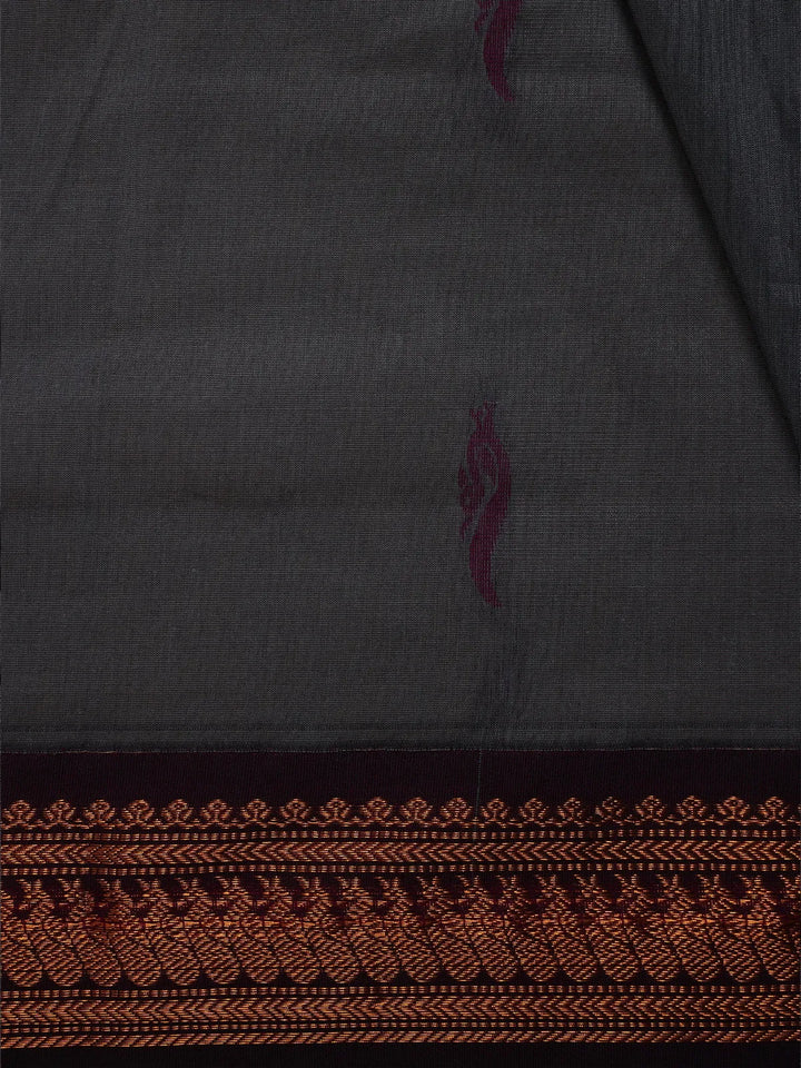 Dark Grey Floral Butta Motif Cotton Saree - Diadem