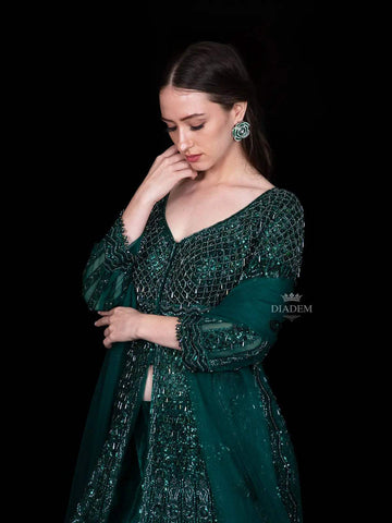 Bottle Green Sequins Embroidered Net Pakistani Bridal Lehenga - Diadem