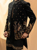 Black Raw Silk Floral Designed Sherwani Suit