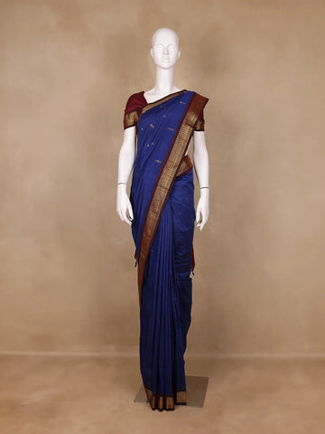 Dark Blue Floral Designed Cotton Saree - Diadem