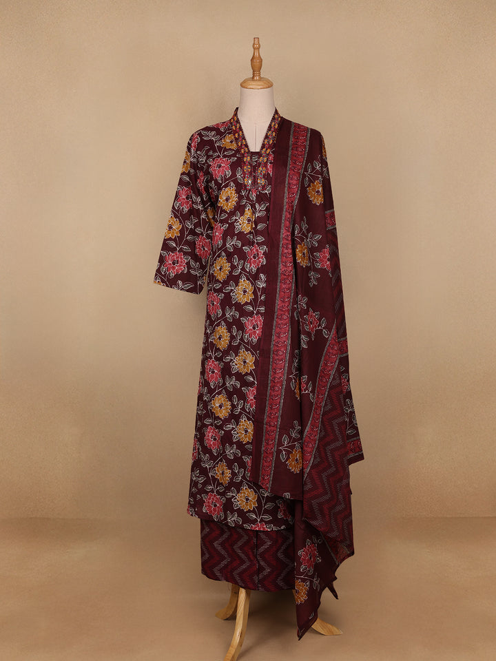 Red Floral Designed Cotton Salwar Suit - Diadem
