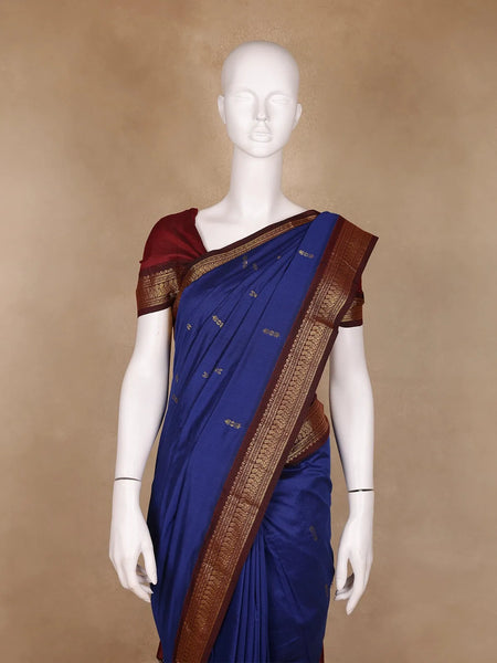 Dark Blue Floral Designed Cotton Saree - Diadem
