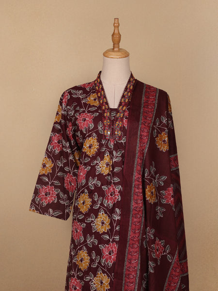 Red Floral Designed Cotton Salwar Suit - Diadem