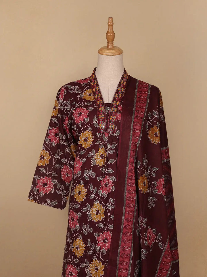 Red Floral Designed Cotton Salwar Suit - Diadem