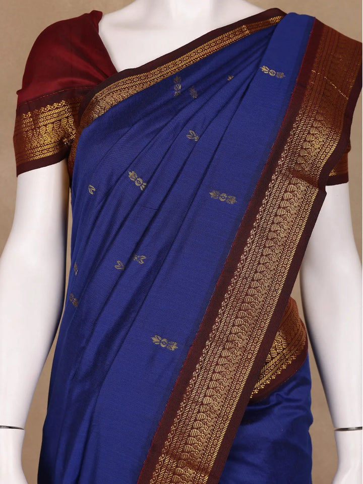 Dark Blue Floral Designed Cotton Saree - Diadem