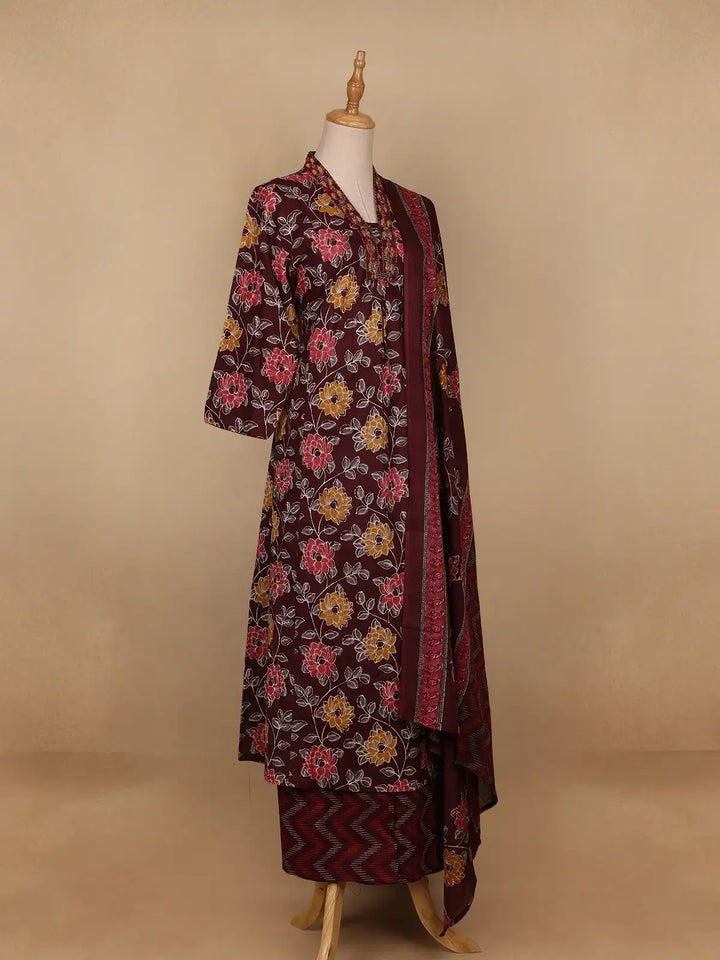 Red Floral Designed Cotton Salwar Suit - Diadem
