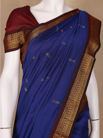 Dark Blue Floral Designed Cotton Saree - Diadem