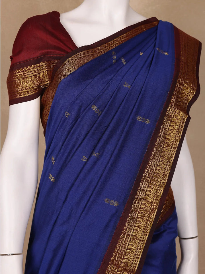 Dark Blue Floral Designed Cotton Saree - Diadem