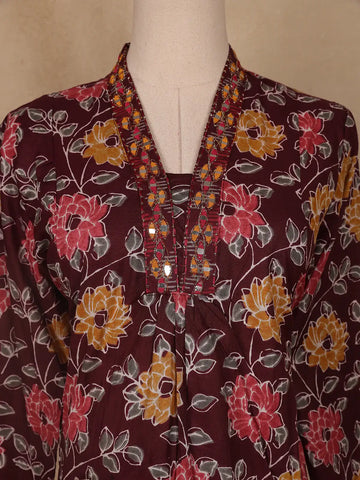 Red Floral Designed Cotton Salwar Suit - Diadem