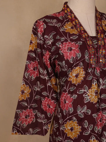 Red Floral Designed Cotton Salwar Suit - Diadem