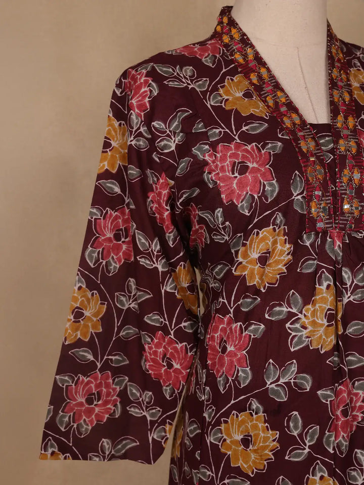 Red Floral Designed Cotton Salwar Suit - Diadem