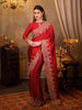 Deep Crimson Ruby Red Stone Embellished Design Pure Satin Designer Saree with Heavy Zardozi  Scalloped Border