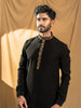 Black Raw Silk Floral Designed Sherwani Suit