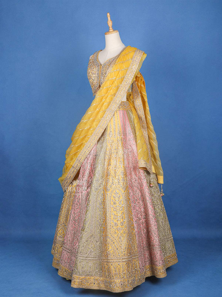 Yellow Semi Silk Sangeet Lehenga with Floral Embroidery - Diadem