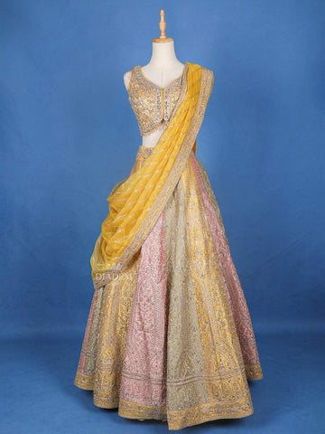 Yellow Semi Silk Sangeet Lehenga with Floral Embroidery - Diadem