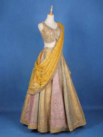 Yellow Semi Silk Sangeet Lehenga with Floral Embroidery - Diadem