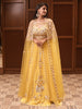 Sunflower Yellow Heavy Mirror and Beads Embroidered Design Net Haldi Lehenga Set with Cape Dupatta
