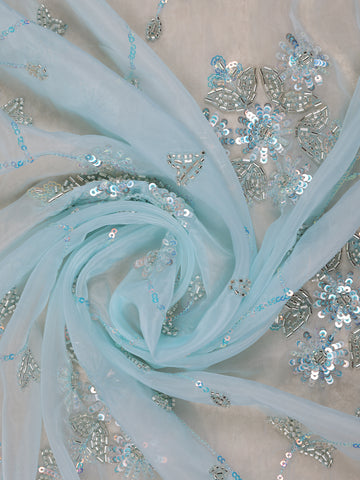 Light Blue Floral Motif Sequin Designed Organza Designer Saree - Diadem