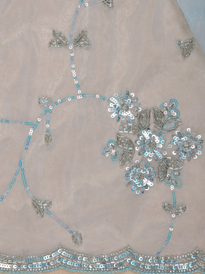 Light Blue Floral Motif Sequin Designed Organza Designer Saree - Diadem
