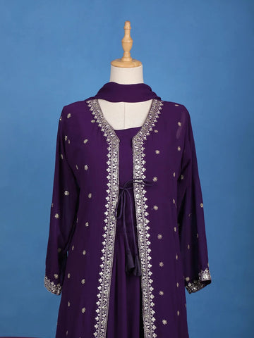 Deep Purple Embroidered Jacket Style Anarkali Gown - Diadem