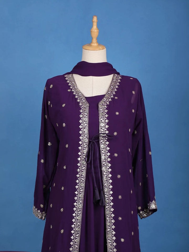 Deep Purple Embroidered Jacket Style Anarkali Gown - Diadem