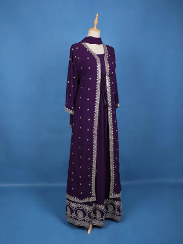 Deep Purple Embroidered Jacket Style Anarkali Gown - Diadem