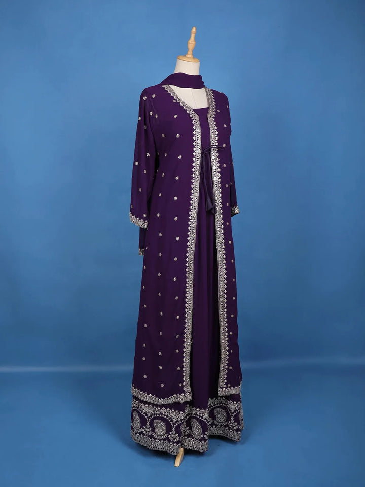 Deep Purple Embroidered Jacket Style Anarkali Gown - Diadem