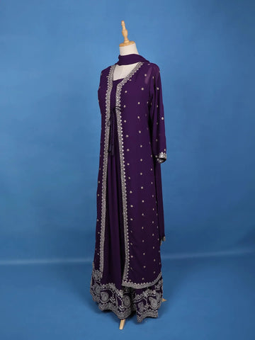 Deep Purple Embroidered Jacket Style Anarkali Gown - Diadem
