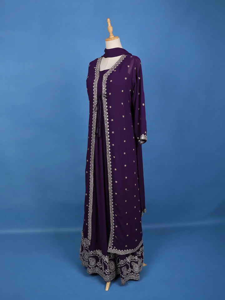 Deep Purple Embroidered Jacket Style Anarkali Gown - Diadem