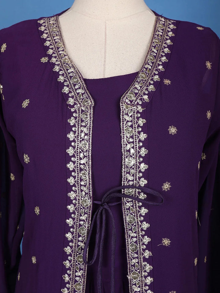 Deep Purple Embroidered Jacket Style Anarkali Gown - Diadem