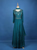 Teal Blue Floral Design Mirror Work Embroidery Crepe Gown - Diadem