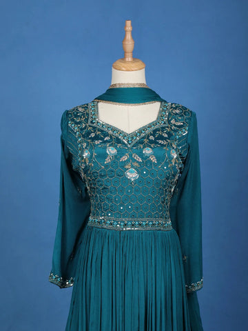 Teal Blue Floral Design Mirror Work Embroidery Crepe Gown - Diadem