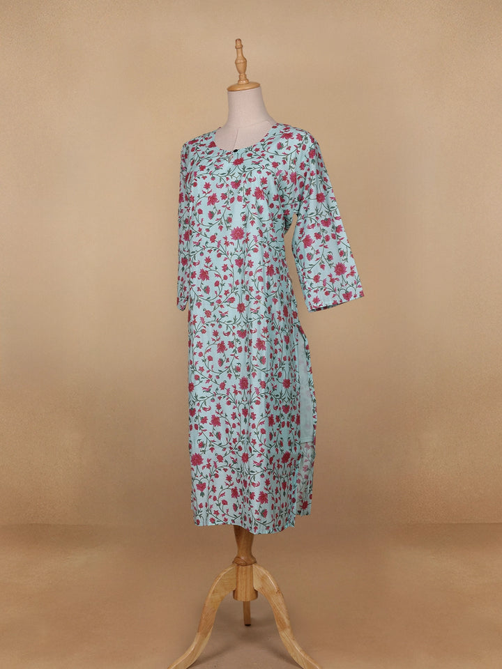 Sky Blue Floral Printed Cotton Kurti - Diadem