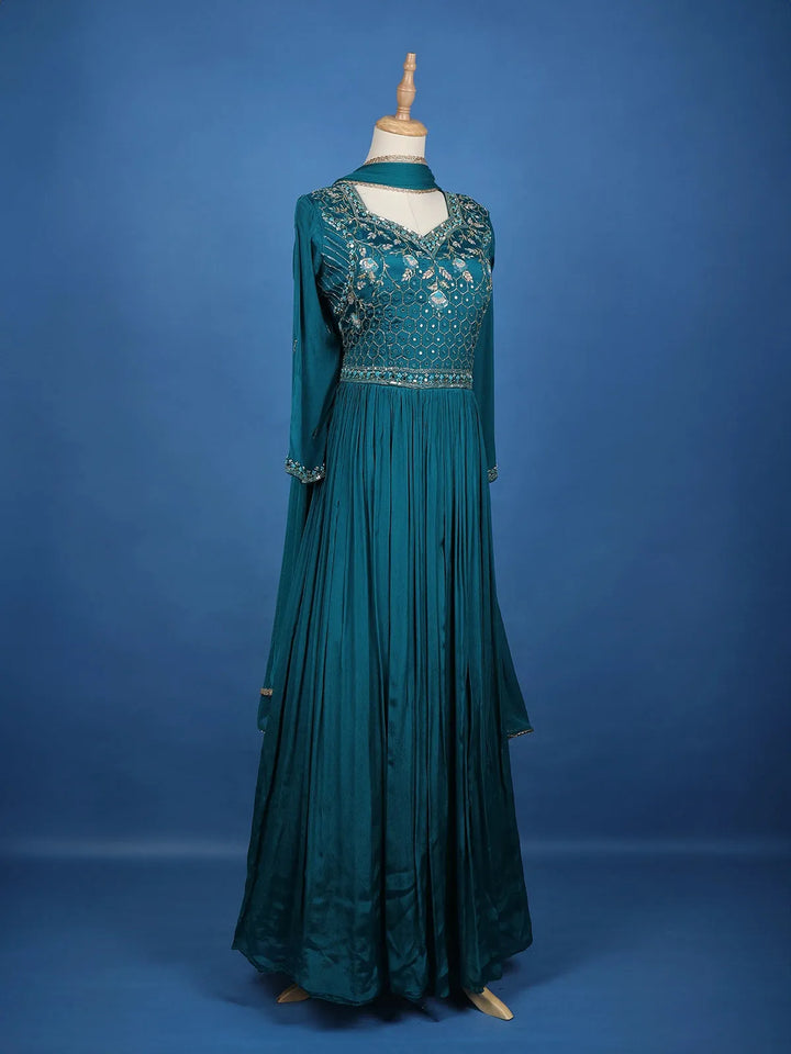 Teal Blue Floral Design Mirror Work Embroidery Crepe Gown - Diadem