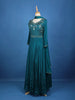 Teal Blue Floral Design Mirror Work Embroidery Crepe Gown - Diadem