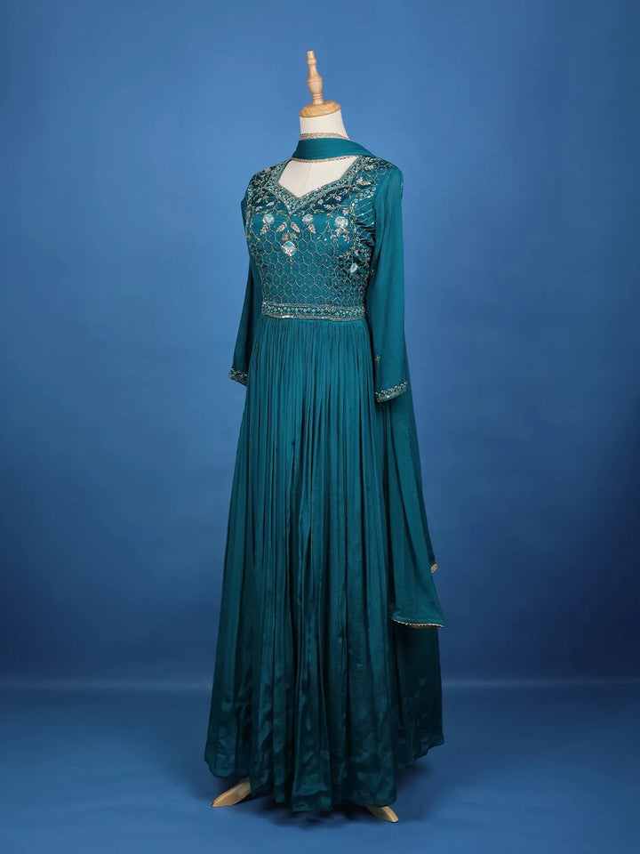 Teal Blue Floral Design Mirror Work Embroidery Crepe Gown - Diadem