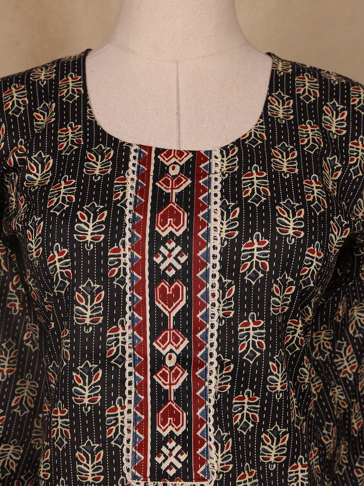Black Floral Designed Cotton Salwar Suit - Diadem