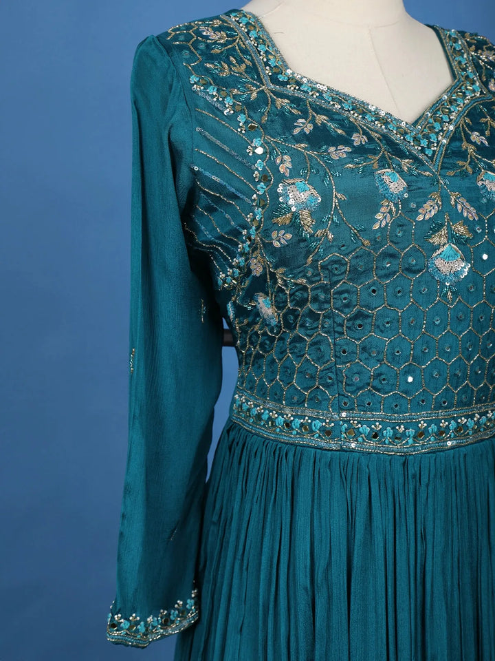 Teal Blue Floral Design Mirror Work Embroidery Crepe Gown - Diadem