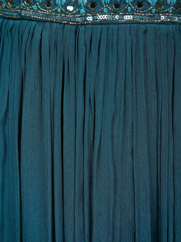 Teal Blue Floral Design Mirror Work Embroidery Crepe Gown - Diadem