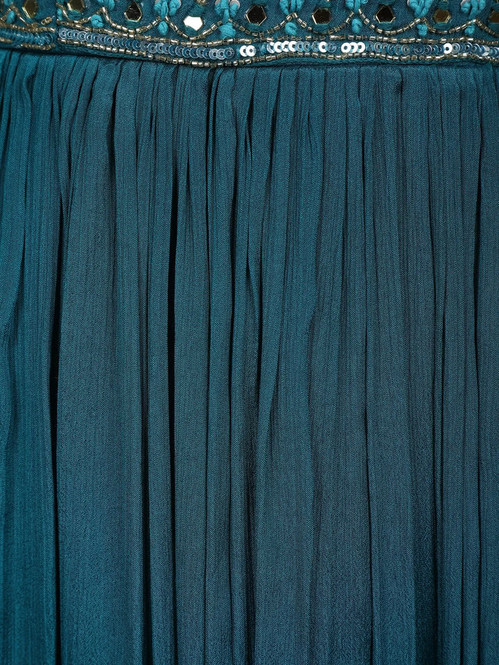Teal Blue Floral Design Mirror Work Embroidery Crepe Gown - Diadem