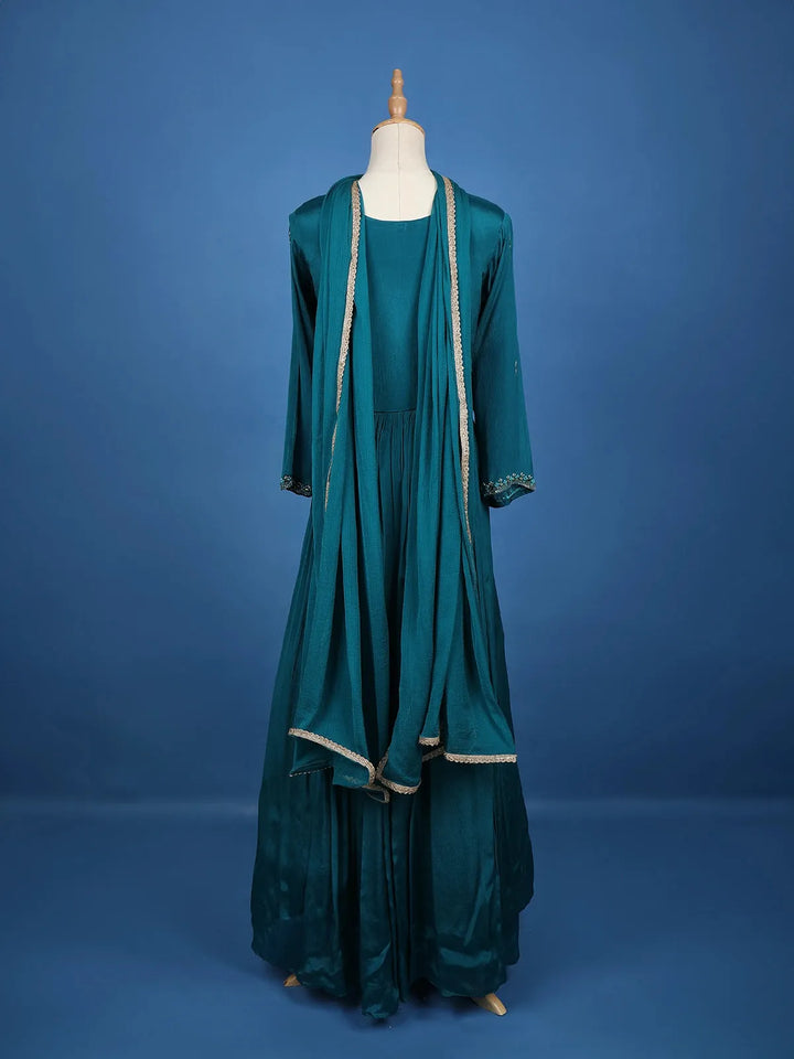 Teal Blue Floral Design Mirror Work Embroidery Crepe Gown - Diadem